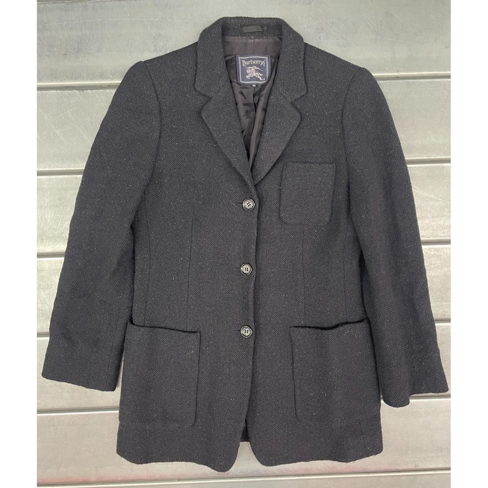 Vintage Burberry Blazer Jacket Womens 40 US M Black 3 Button Cotton Angora Blend